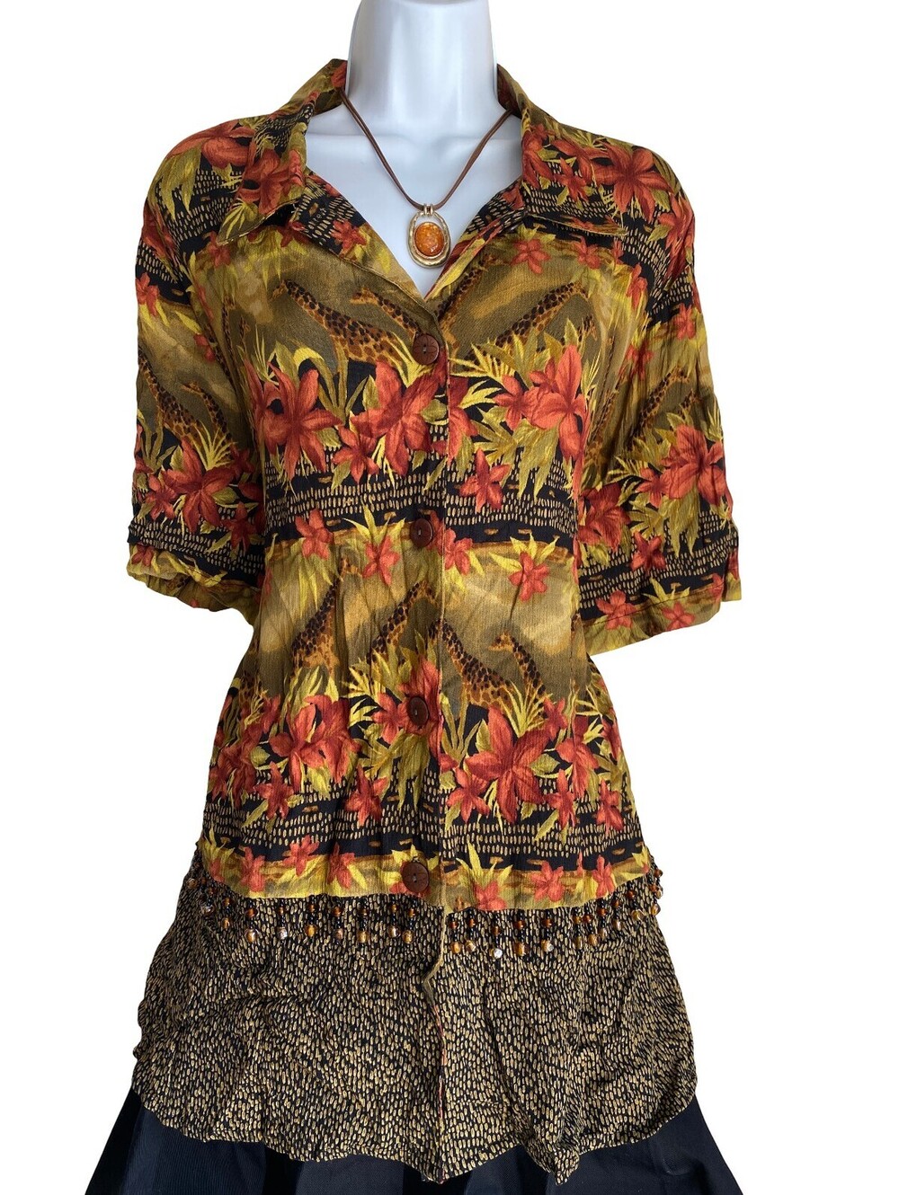 VTG C.M. Shapes Plus 2X Tropical Fall Floral Button Up Tunic Blouse Boho Goth